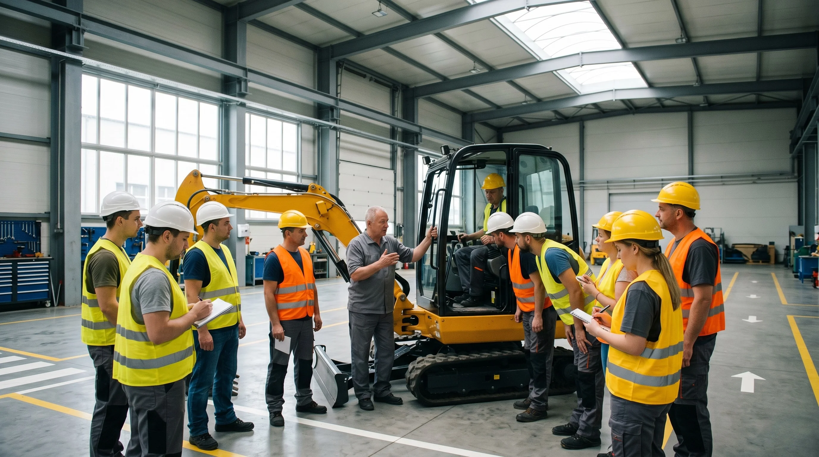 Instruktor objaśnia obsługę minikoparki grupie operatorów podczas szkolenia w hali