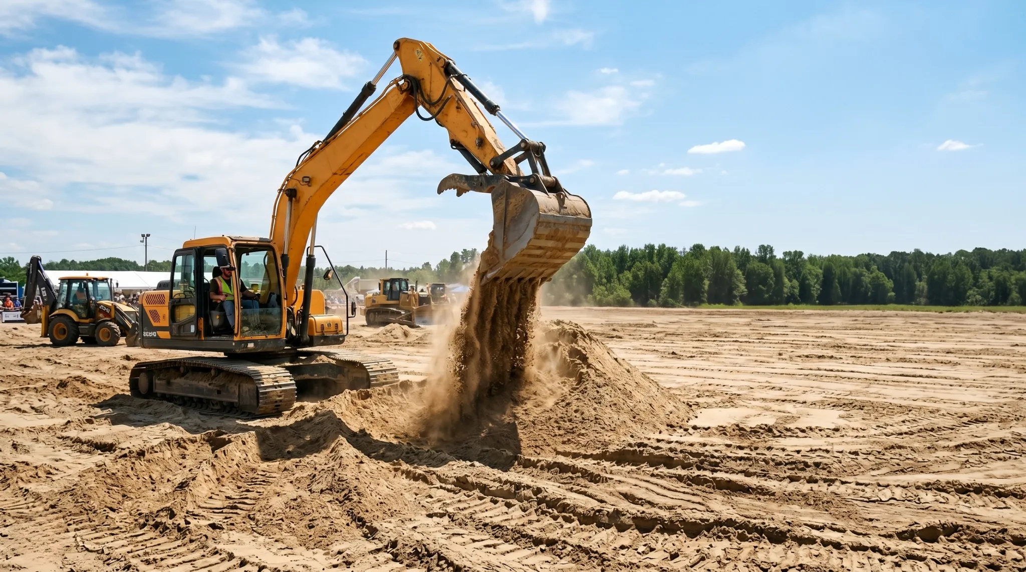 Koparka w trakcie zawodów operatorów maszyn roboczych, w tle inne maszyny budowlane
