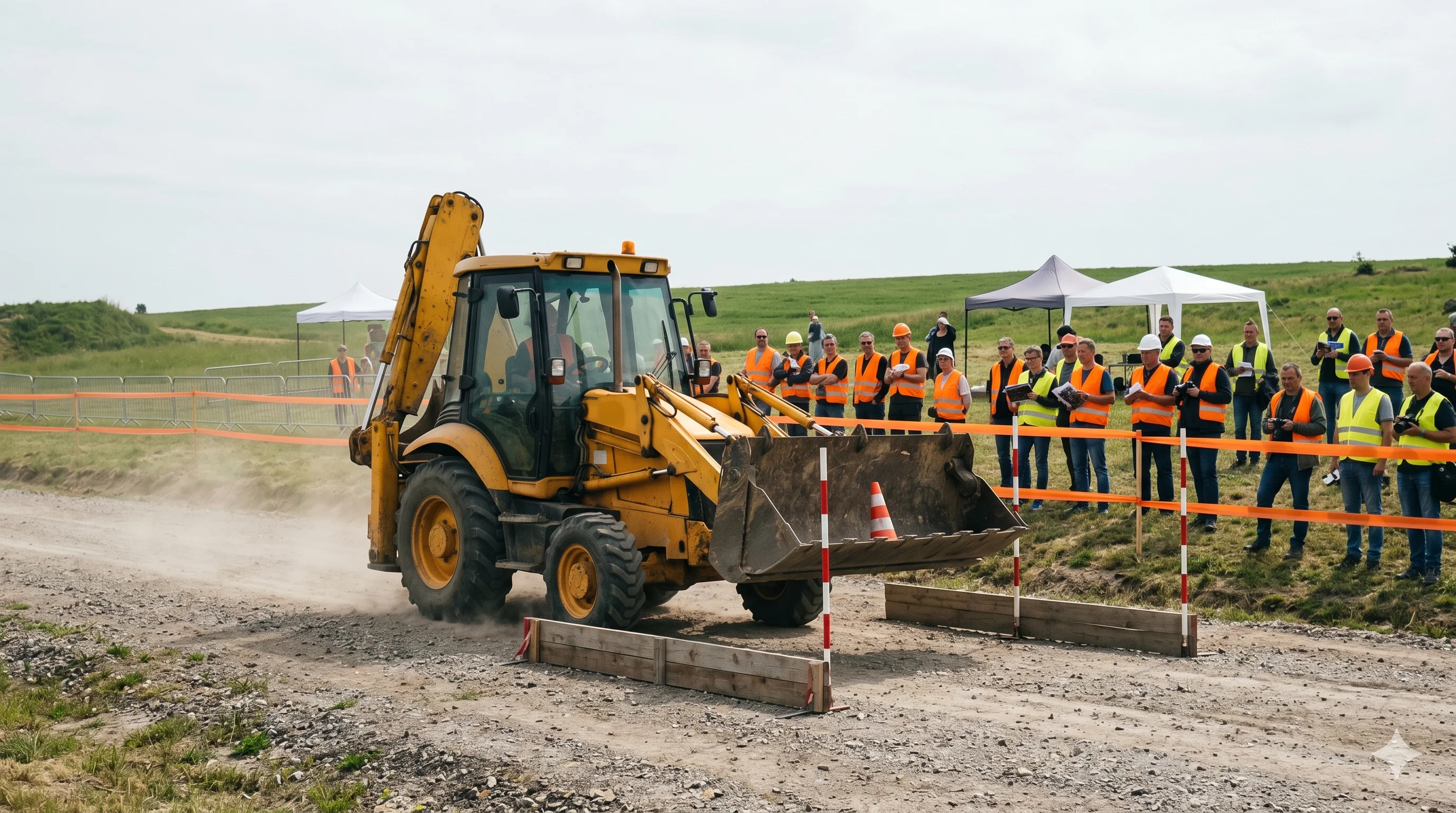 Koparko-ładowarka na torze podczas zawodów Polskiej Ligi Operatorów